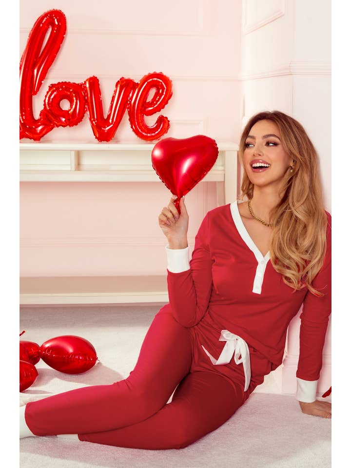 1 the Woman - Wholesale Lounge Set - Women's - Trim Button V Nek Ribbon Bow Knot Waist 2pcs Lounge Set3