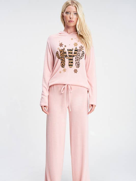 Leopard cactus hoodie lounge wear set for wholesale by Lemon Tree