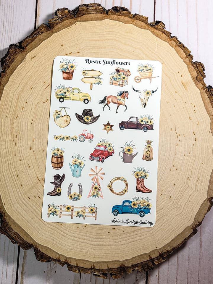 Hoja de pegatinas de girasol rústico – Pegatinas florales occidentales para venta al por mayor de Sakura Design Gallery