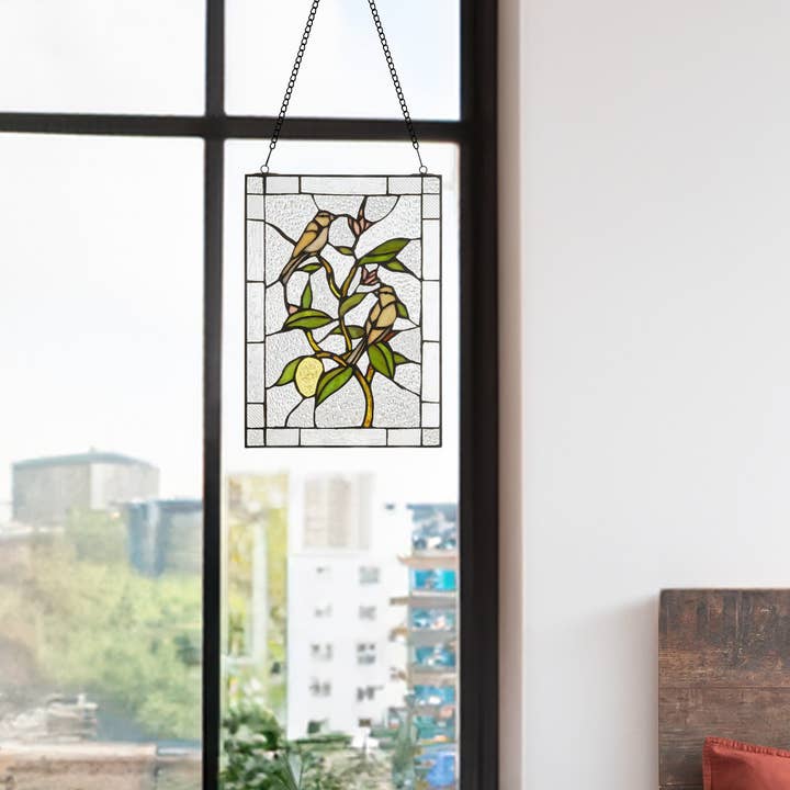 14"H Birds in a Lemon Tree Stained Glass Window Panel for wholesale by River of Goods