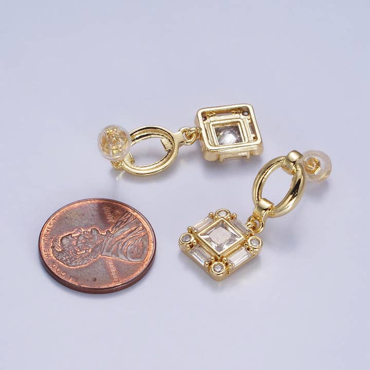 Aim Eternal - Wholesale Dangle Earrings - Silver, Gold Clear Square Baguette CZ Drop Dangle Oval Stud Earrings | AB569 AB5715