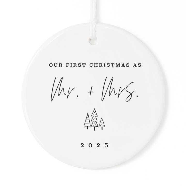 Our First Christmas as Mr. and Mrs. with Year Ornament for wholesale by The Cotton & Canvas Co.
