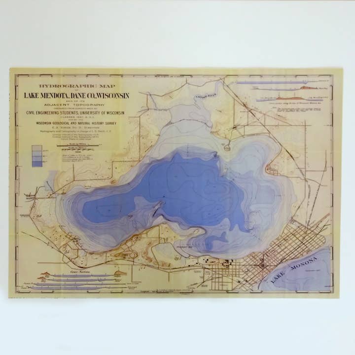 Big Wheel Press - Wholesale Map - Hydrographic Map Lake Mendota - Wisconsin - Vintage Map Repr