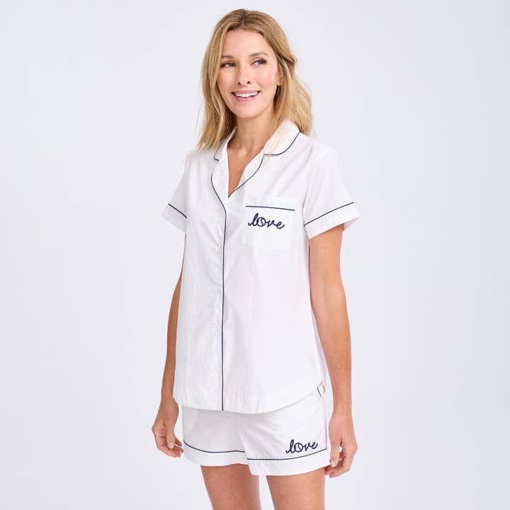 Love Stitched White Women's Short Pajama Set for wholesale on Faire1