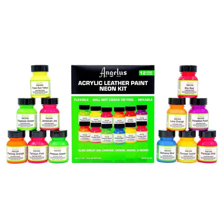 Angelus Neon Color Kit | Complete 12-Color Paint Set for wholesale by Angelus Brand