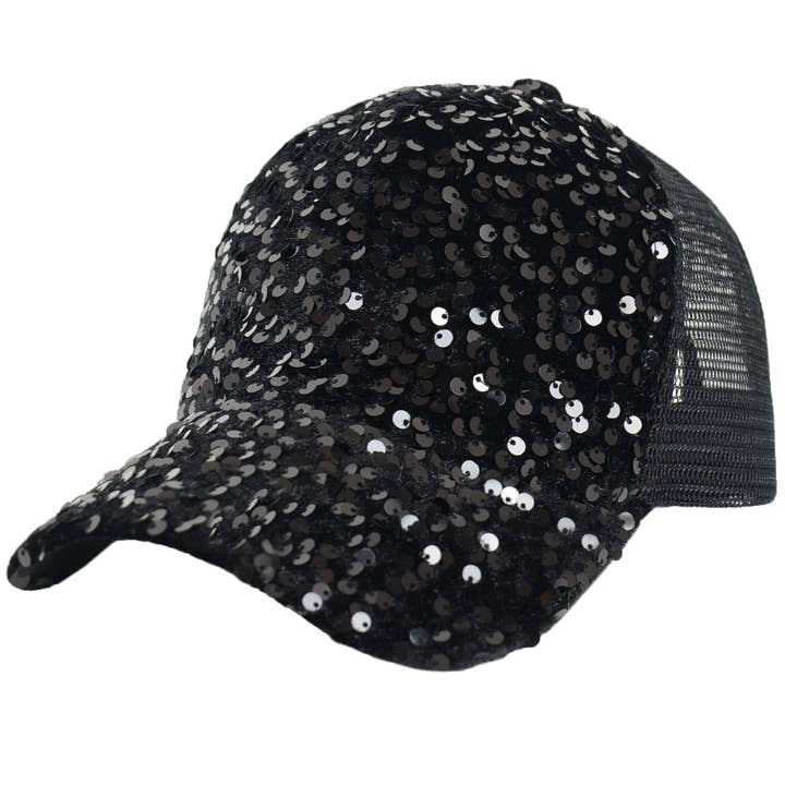 AK Brand - Wholesale Ponytail Cap - Women's - Women's Sparkly Sequin Baseball Cap Messy Low Bun Ponycap