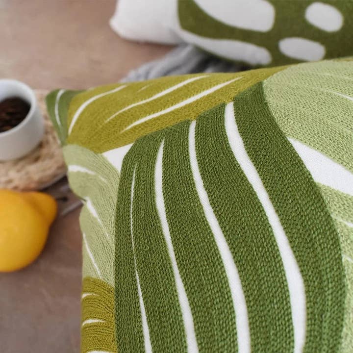 Pure Cotton Green Leaves Pattern Embroidery Cushion Cover 45x45cm (18 x 18 Inches) for wholesale on Faire1
