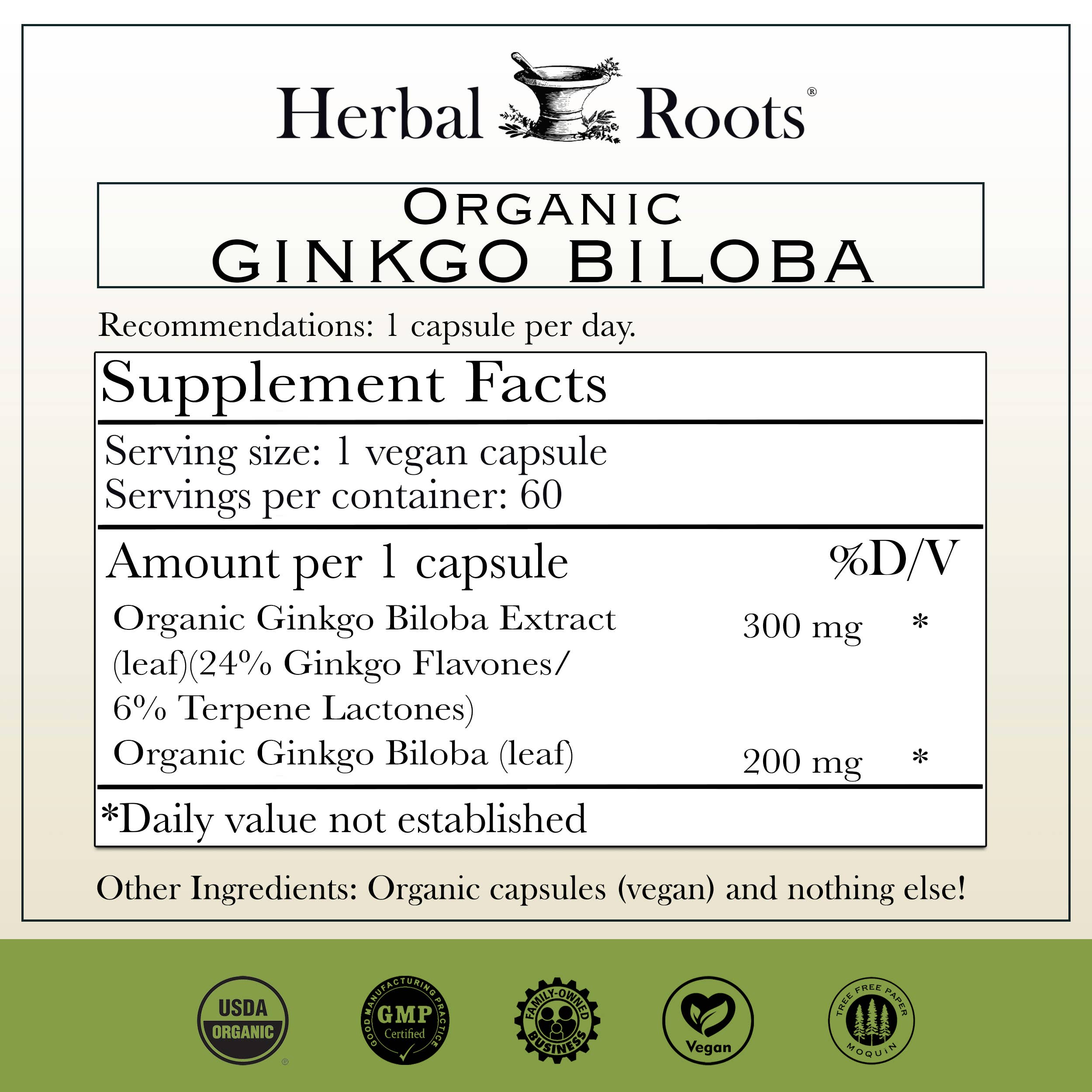 Herbal Roots – wholesale Oral supplement/vitamin – Herbal Roots Organic Ginkgo Biloba Capsules1