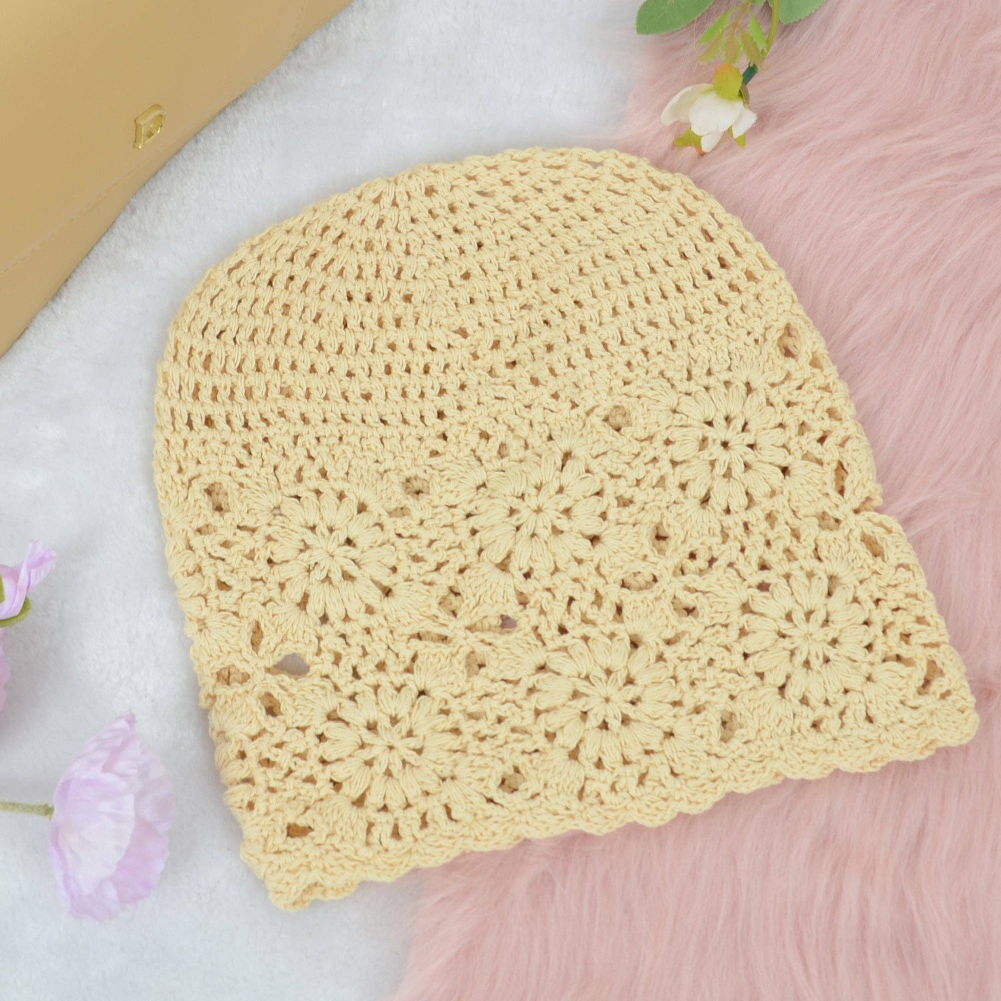 AK Brand - Wholesale Beanie - Women's - Crochet Floral Slouchy Beanie Knit Cutout Skull Cap Women2