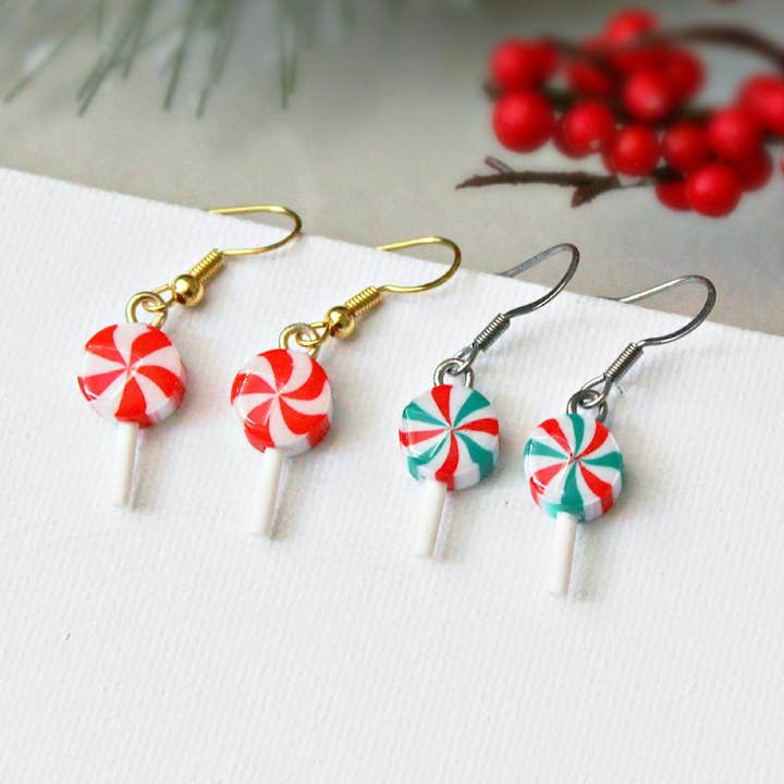 Christmas Lollipop, Candy Cane Earrings, Red, Green, Gift for wholesale by Studio Niani