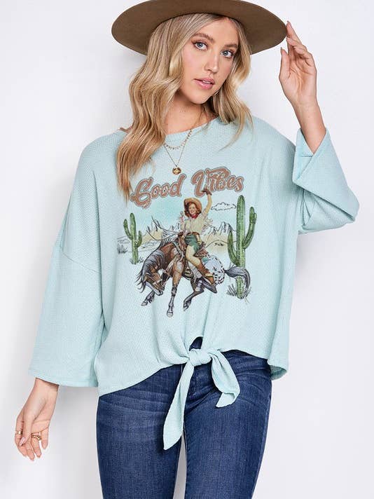 Good vibes rodeo girl tie front top for wholesale by Lemon Tree
