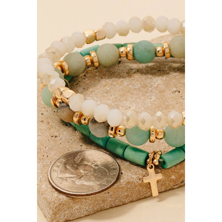 Anarchy Street - Wholesale Beaded Bracelet - Cross Charm Wood Stone And Glass Beaded Bracelet Set