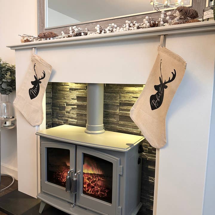 Personalised Name Reindeer Stag Head Natural Hessian Christmas Stocking for wholesale by WinsterCreations™
