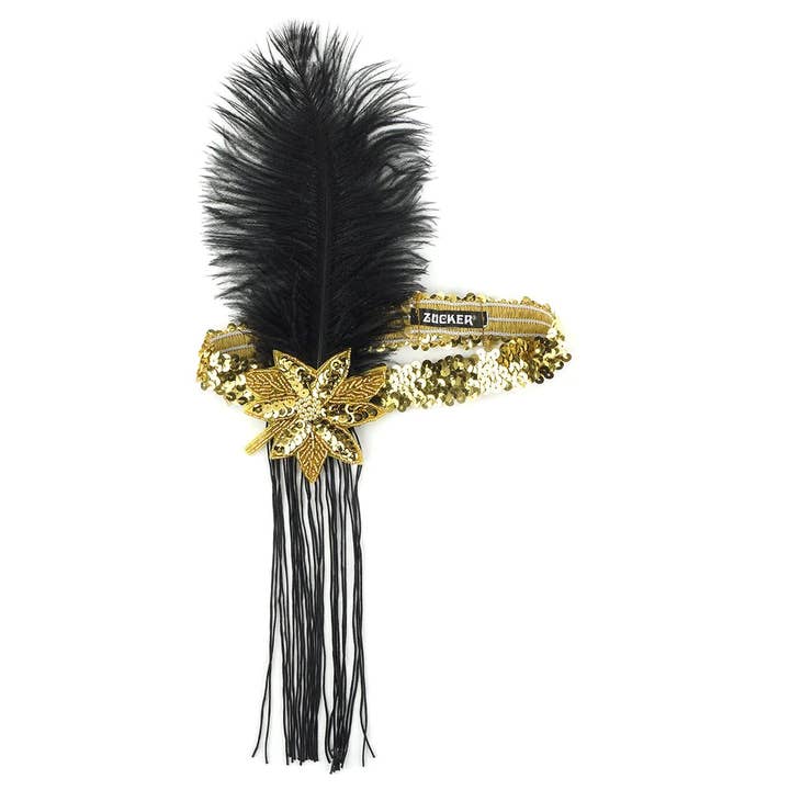 Zucker Feather Products - Wholesale Fashion Headband - Women's - Flapper Feather Headband w/Tassel - Gold and Black1