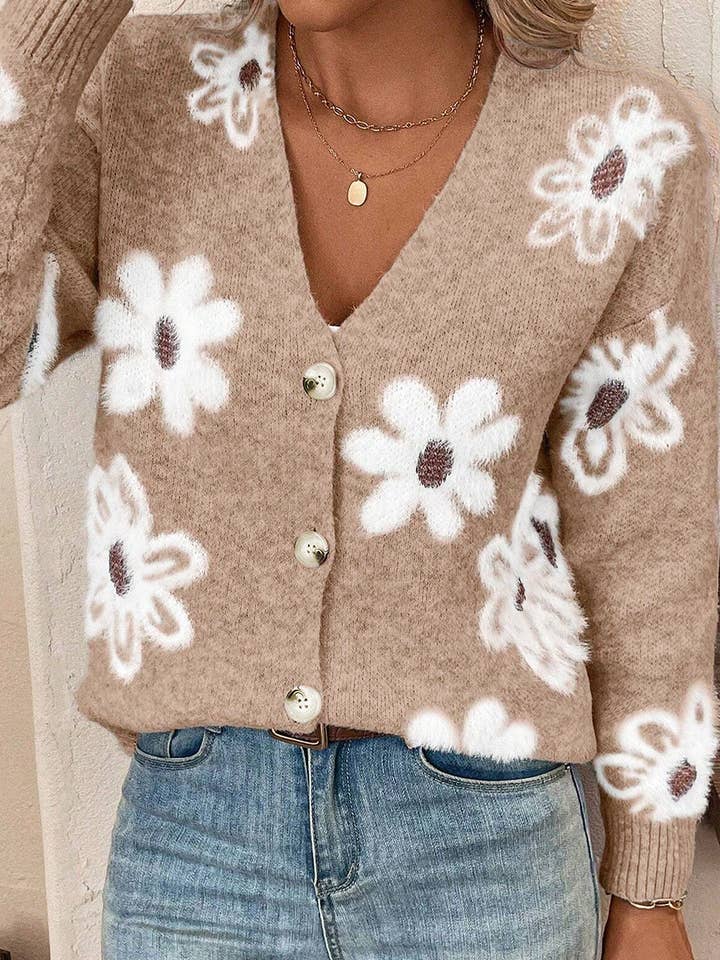 Floral Print V Neck Knitted Button up Cardigan for wholesale by Lovesoft
