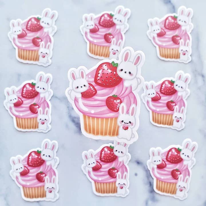 Strawberry Bunny Cupcake, kawaii stickers, cupcake decal for wholesale by Muijistudio