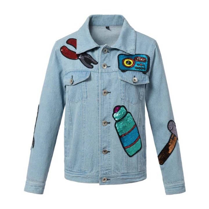 Light Blue Women Fashion Casual Sequined Denim Jacket for wholesale on Faire