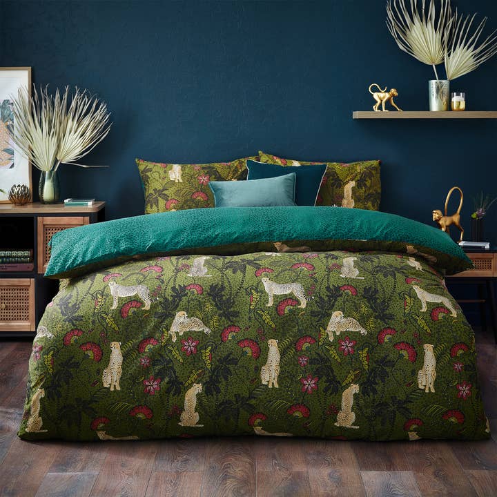 Moss Teal Tropica Cheetah Botanical Duvet Cover Set Moss/Teal for wholesale on Faire