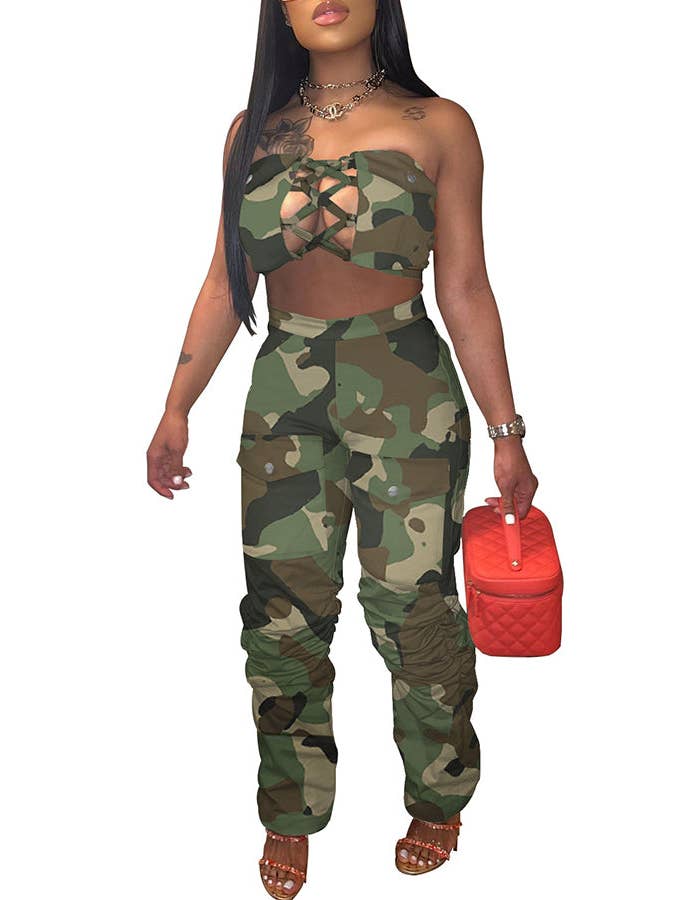 MB Fashion Wholesale - Wholesale Top & Pant Set (NOT Loungewear) - Women's - MB FASHION Strapless Lace-Up Top and Cargo Pants Set 8374LY