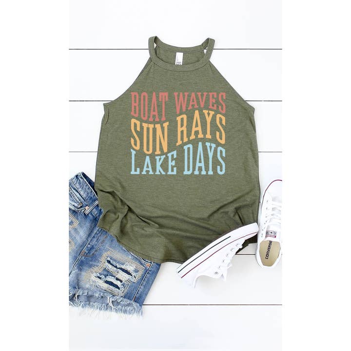 Kissed Apparel - Wholesale Tank Top - Women's - Boat Waves Sun Rays and Lake Days Graphic Mock Tank
