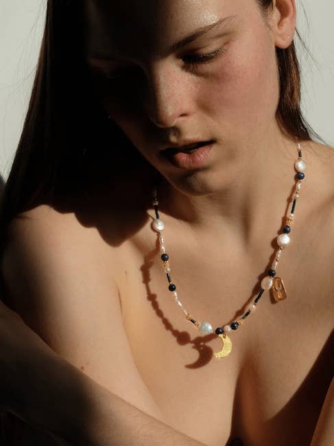 New Moon lapis lazuli pearl 18k gold plated necklace for wholesale by Modern Society