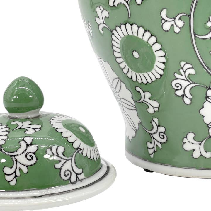 Galt International Company - Wholesale Decorative Jar - Green & White Ceramic Chinoiserie Jar 12"