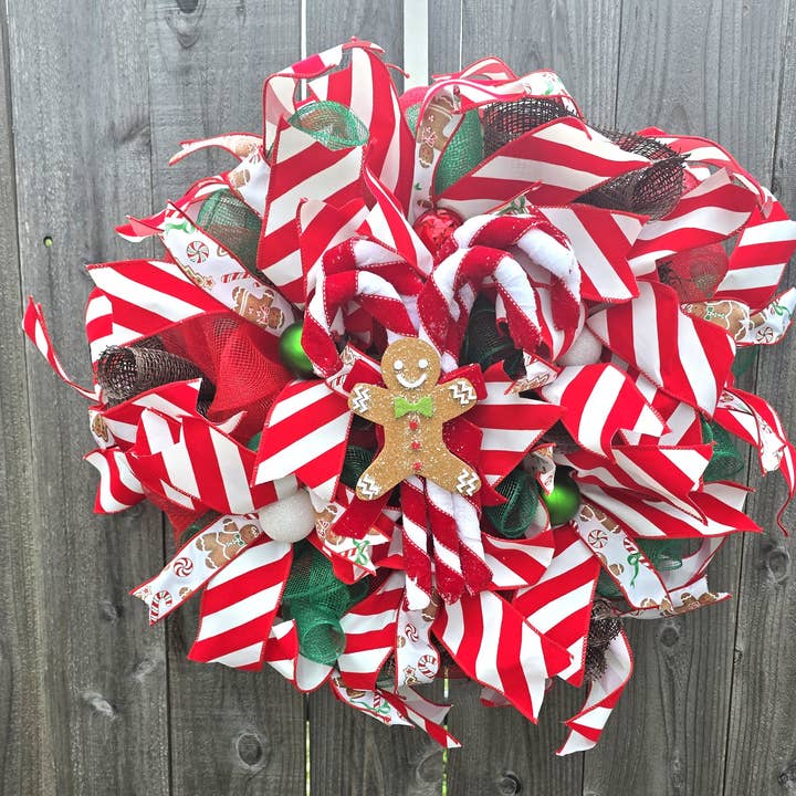 Gingerbread and Peppermint Deco Mesh Christmas Wreath for wholesale by An Array of Wreaths, LLC