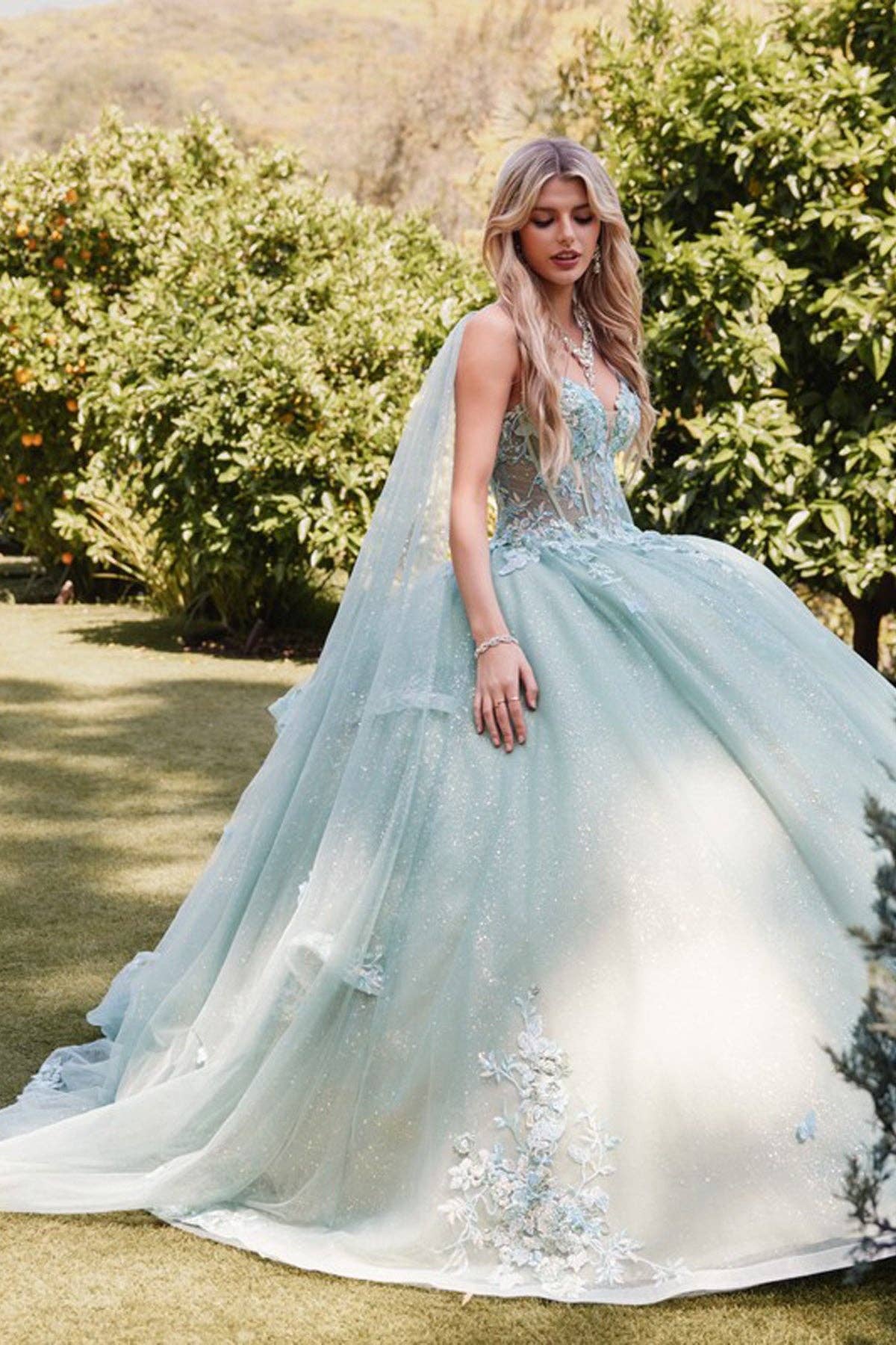 SAGE GREEN 3D Multi Floral Applique Cap Sleeve Long Quinceanera Dress JTJT1466H for wholesale on Faire6