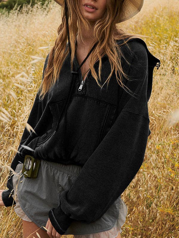 UZ Wholesale Store – Engroshandel Hoodie – Kvinder – Løs hættetrøje med snoretræk, kløft, lynlås og puffede ærmer6