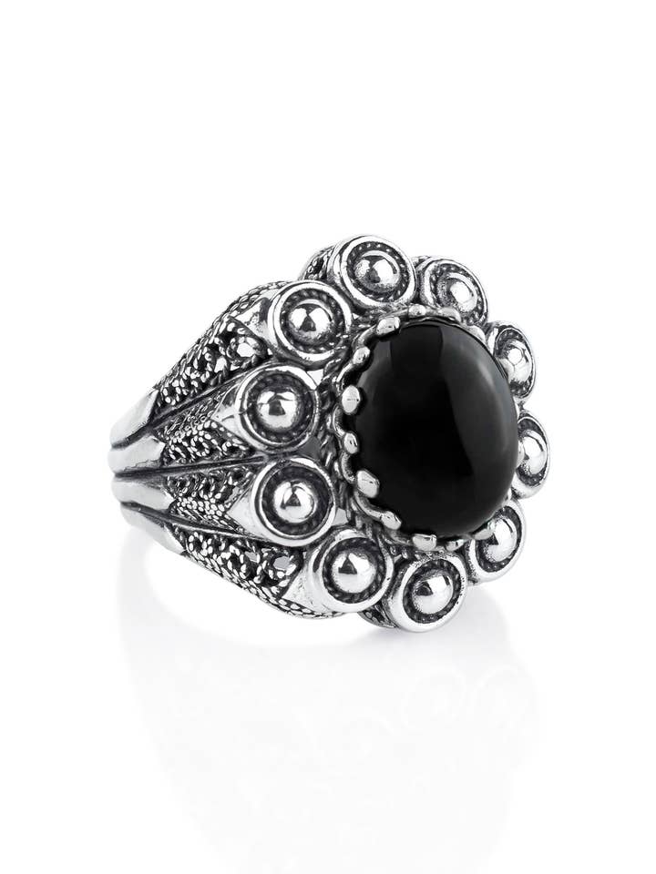 Art Black Onyx Gemstone Sterling Silver Women Statement Ring for wholesale by Filigranist Jewelry