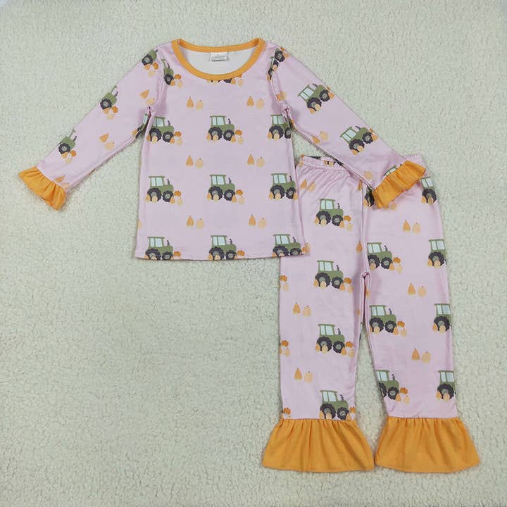 Baby Girls Pink Long Ruffle Sleeves Pumpkins Trucks Top Pant Pajamas Sets for wholesale by Aier Wholesale