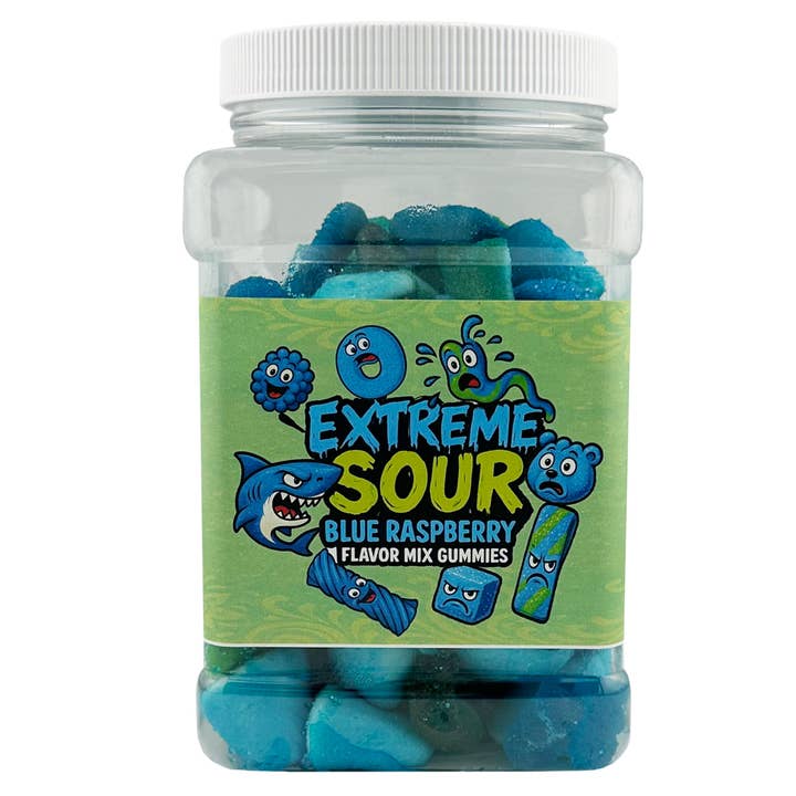 Extreme Sour Blue Raspberry Flavor mix Gummies 1.5 LB Jar for wholesale by First Choice Candy