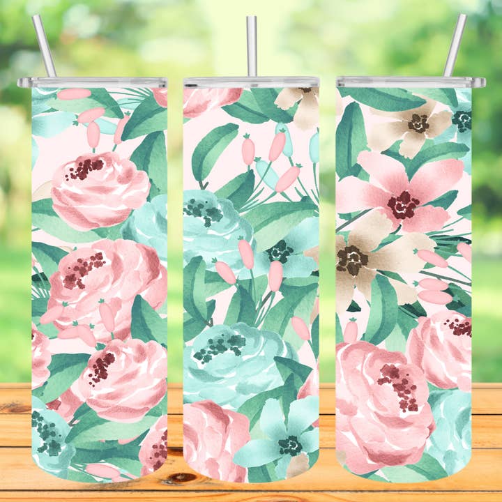 Gobelet floral rose de 20 oz avec paille et couvercle pour la vente par Londas Trendy Tees