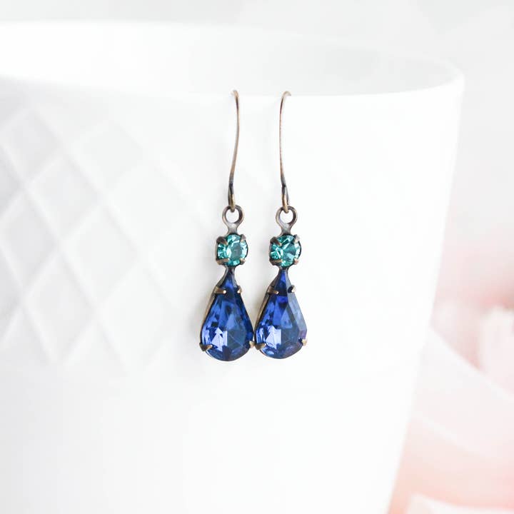 A Pocket of Posies - Wholesale Dangle Earrings - Vintage Glass Teardrop Earrings - Midnight Blue