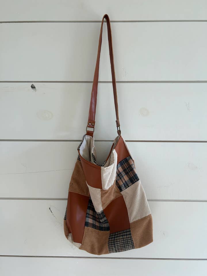 Brown Leather Patch Shoulder Bag for wholesale by Eliza Rose Handmade Boutique