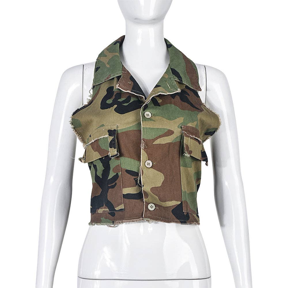 MB FASHION CAMO Cropped Sleeveless Vest with Tie Back 9185LY for wholesale on Faire1