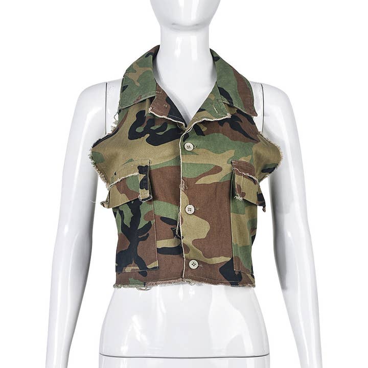 MB FASHION CAMO Cropped Sleeveless Vest with Tie Back 9185LY for wholesale on Faire1