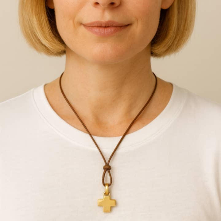 Deborah Grivas Designs - Wholesale Pendant/Charm Necklace - Matte Gold Cross Charm Crisscross Black Waxed Linen 16" Necklace2