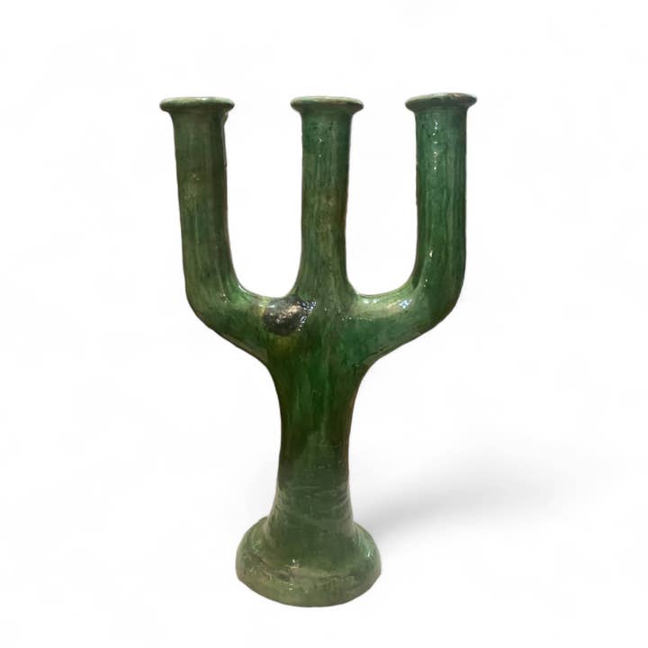 Moroccantastics - Wholesale Candle Holder - Handcrafted Moroccan Green Tamegroute Large 3-Branch Candlestick Holder3