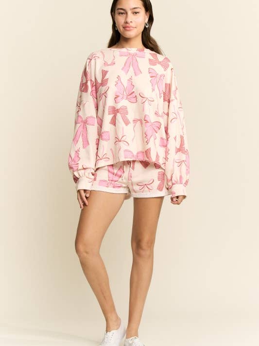 BOW SWEATSHIRT AND SHORTS LOUNGE SET for wholesale by JADE BY JANE