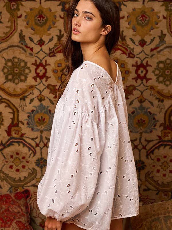 LT PEACH T1042K OUTLET SALE Puff Sleeve Eyelet Lace Babydoll Tunic for wholesale on Faire25