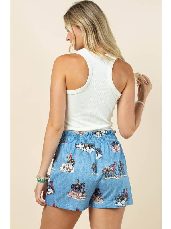 AP1312-MARA WESTERN DENIM PRINT SMOCK WAIST WOVEN SHORTS for wholesale on Faire12