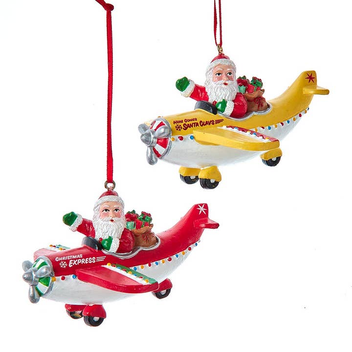 Santa In Airplane Ornaments, 2 Assorted for wholesale by Kurt S. Adler, Inc.