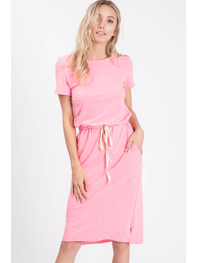 7th Ray - Wholesale Dress - Women's - Everyday Drawstring Waist Side Pocket T-Shirt Dress D246531