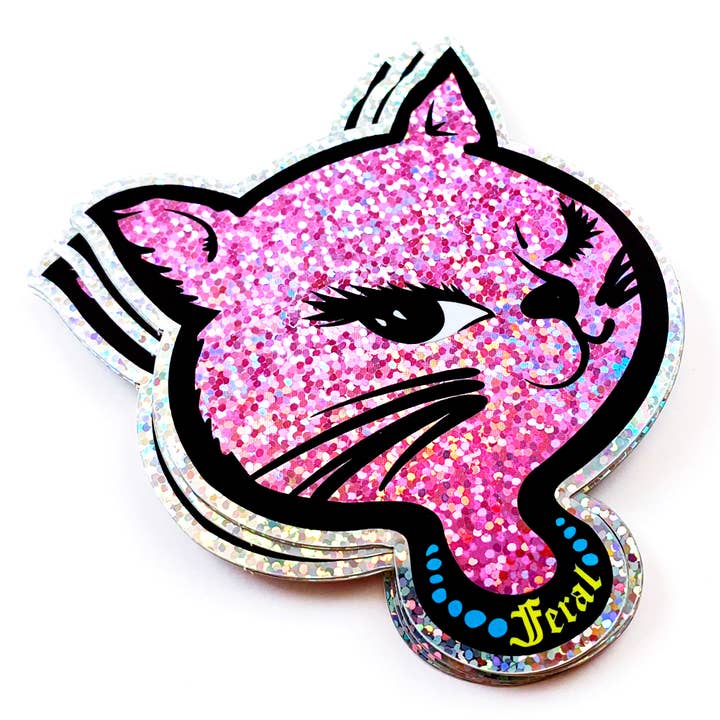 Krystan Saint Cat – wholesale Sticker – Feral 90s Winking Sassy Cat Holographic Glitter Sticker