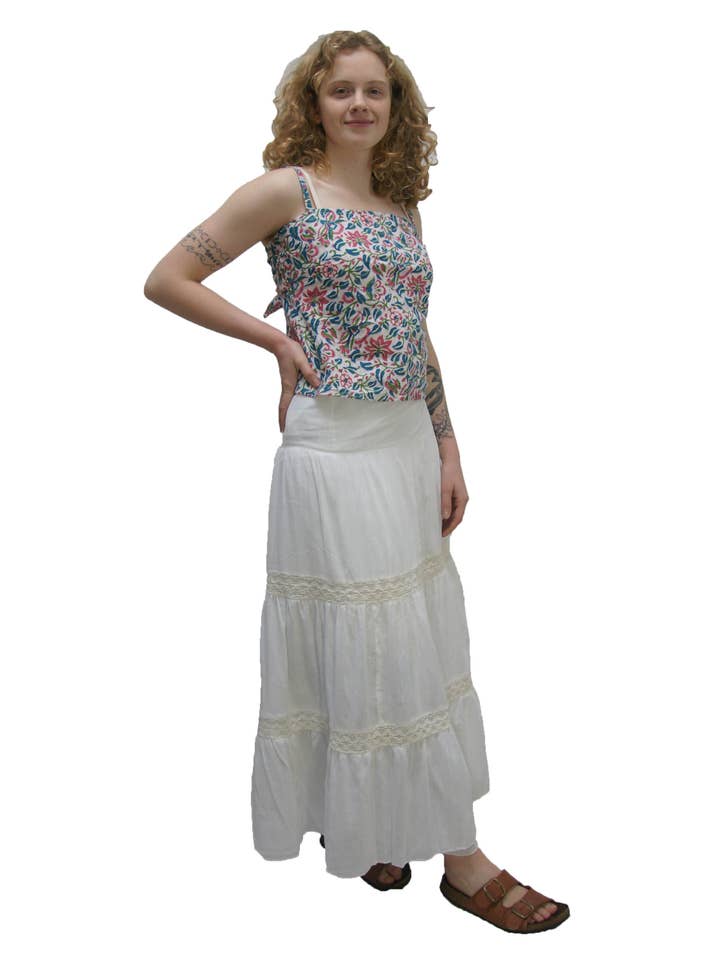 KASHI INC – Saia - Mulher por atacado – Saia comprida em crepe de algodão com renda e forro7