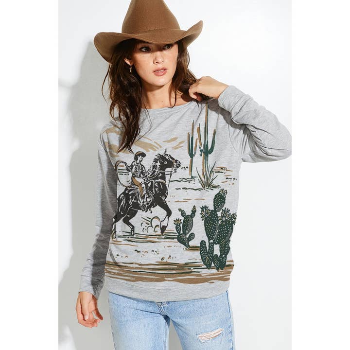 Camisola felpuda francesa com estampa de cowboy ocidental por atacado de Phil Love