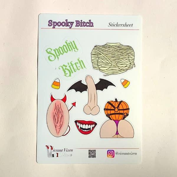 Spooky Bitch adult sticker sheet for wholesale by Vivrant Vixen