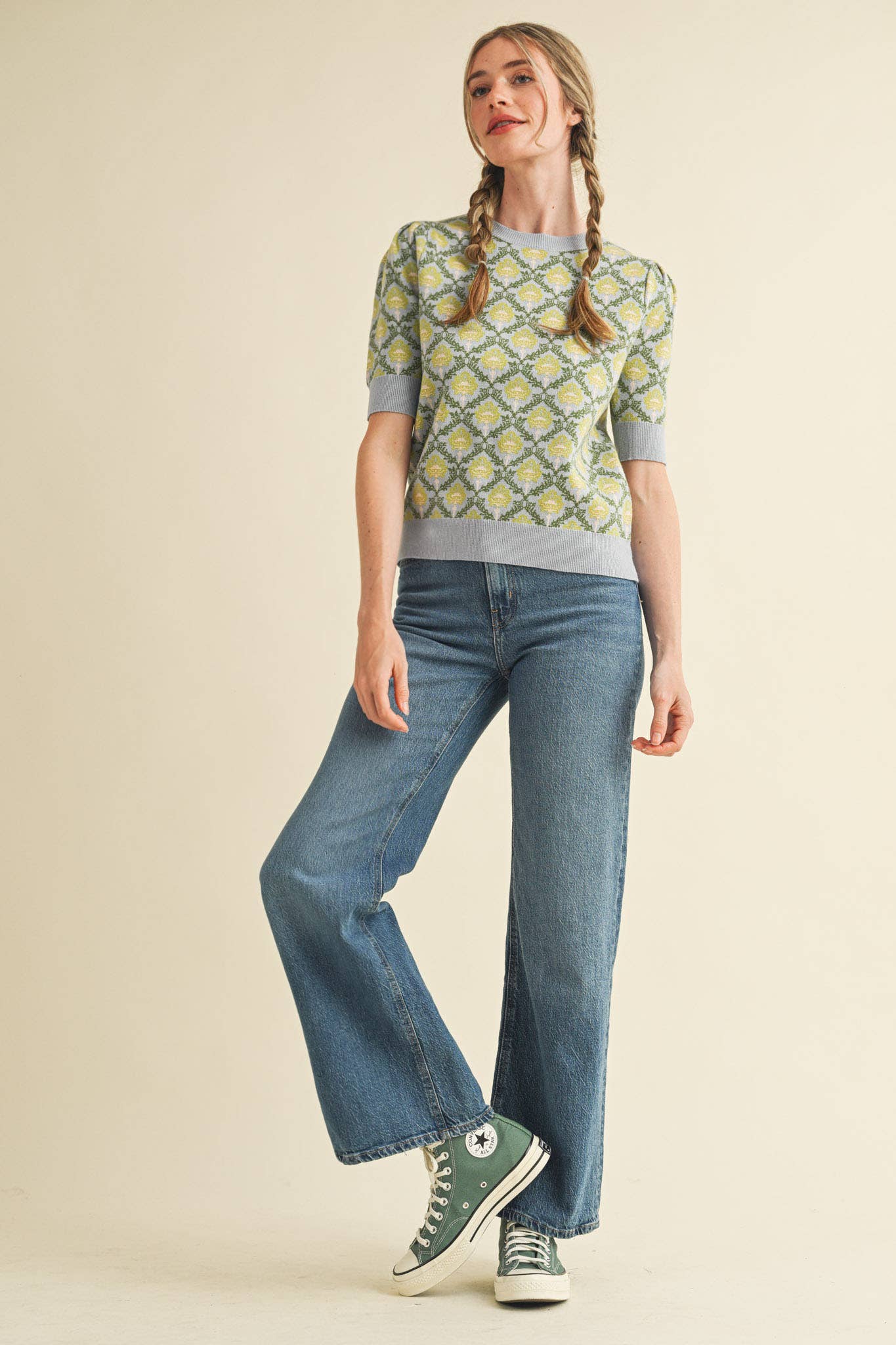 &MERCI - Wholesale Knit Sweater - Women's - FLORAL PATTERN SHORT SLEEVE SWEATER MSW1086035