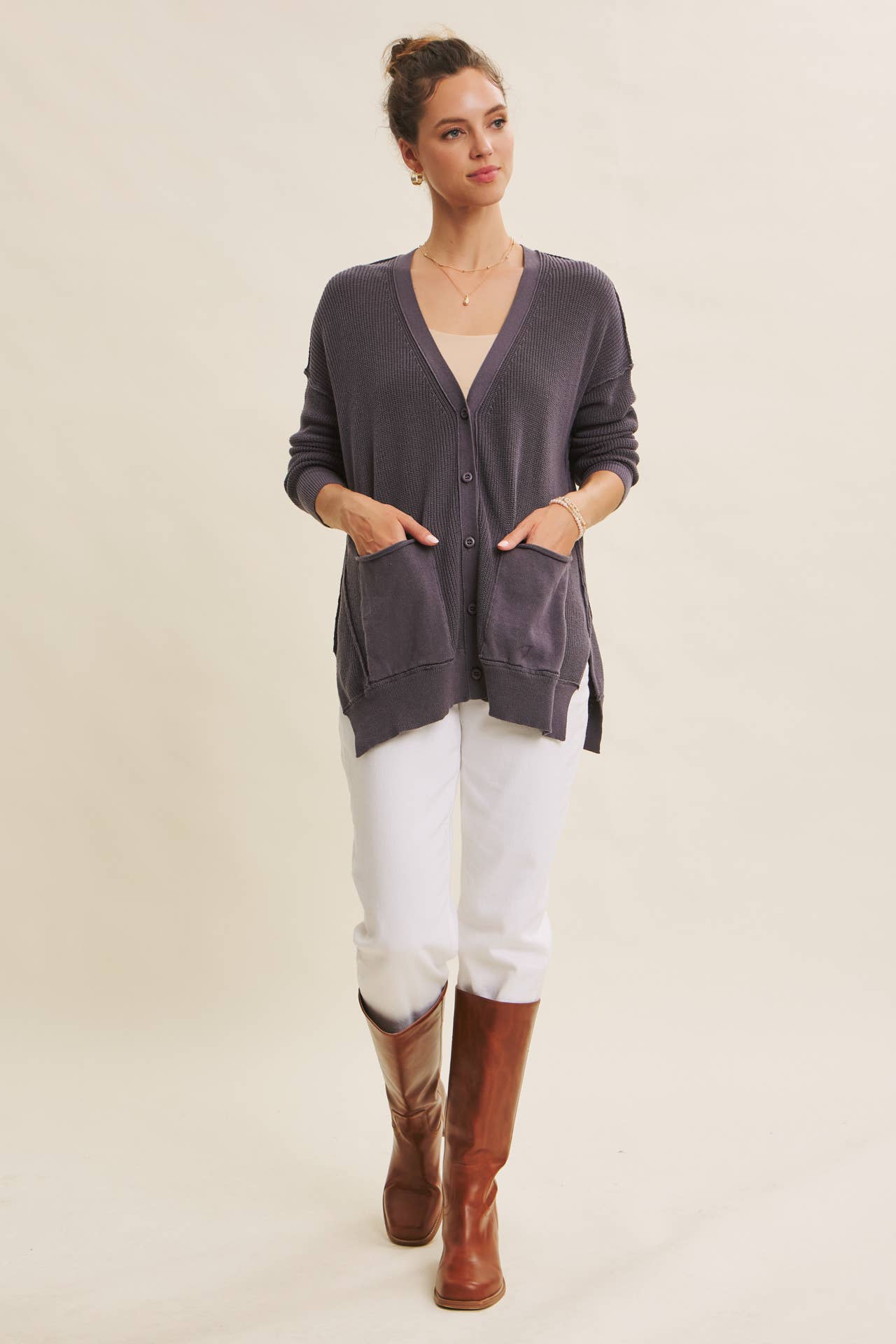 in february - Wholesale Cardigan - Women's - SLOUCHY CHARM BUTTON-DOWN CARDIGAN WITH CONTRAST WEAVE3